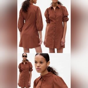 NEW GAP Women's XL Corduroy Cotton Mini Dress Puff Sleeve Saddle Brown